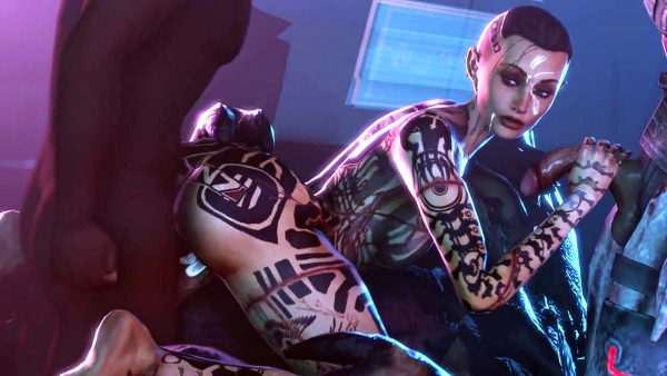 Татуированная брюнетка Mass Effect в жопу трем монстрам: выживает в диком анал-гэнгбэнге!