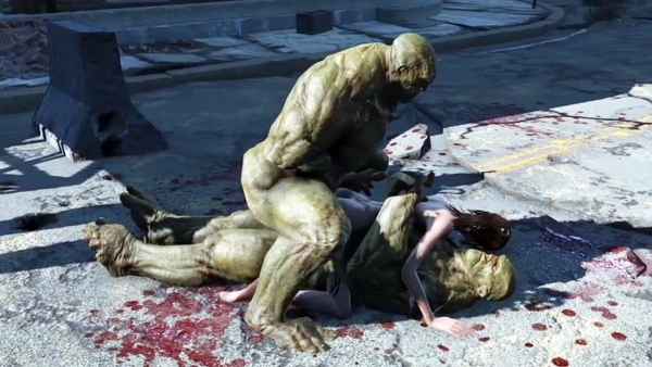 Fallout 4: Два гигантских зеленых монстра рвут главную героиню двойным проникновением в обе дырки!